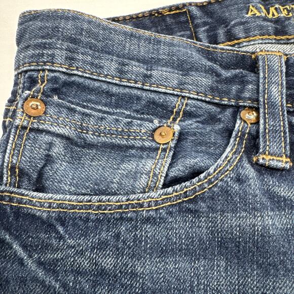 AEO Jeans Slim Straight Low Rise Men 30x29** Blue Fade Whiskers Stacks Casual - Picture 5 of 16